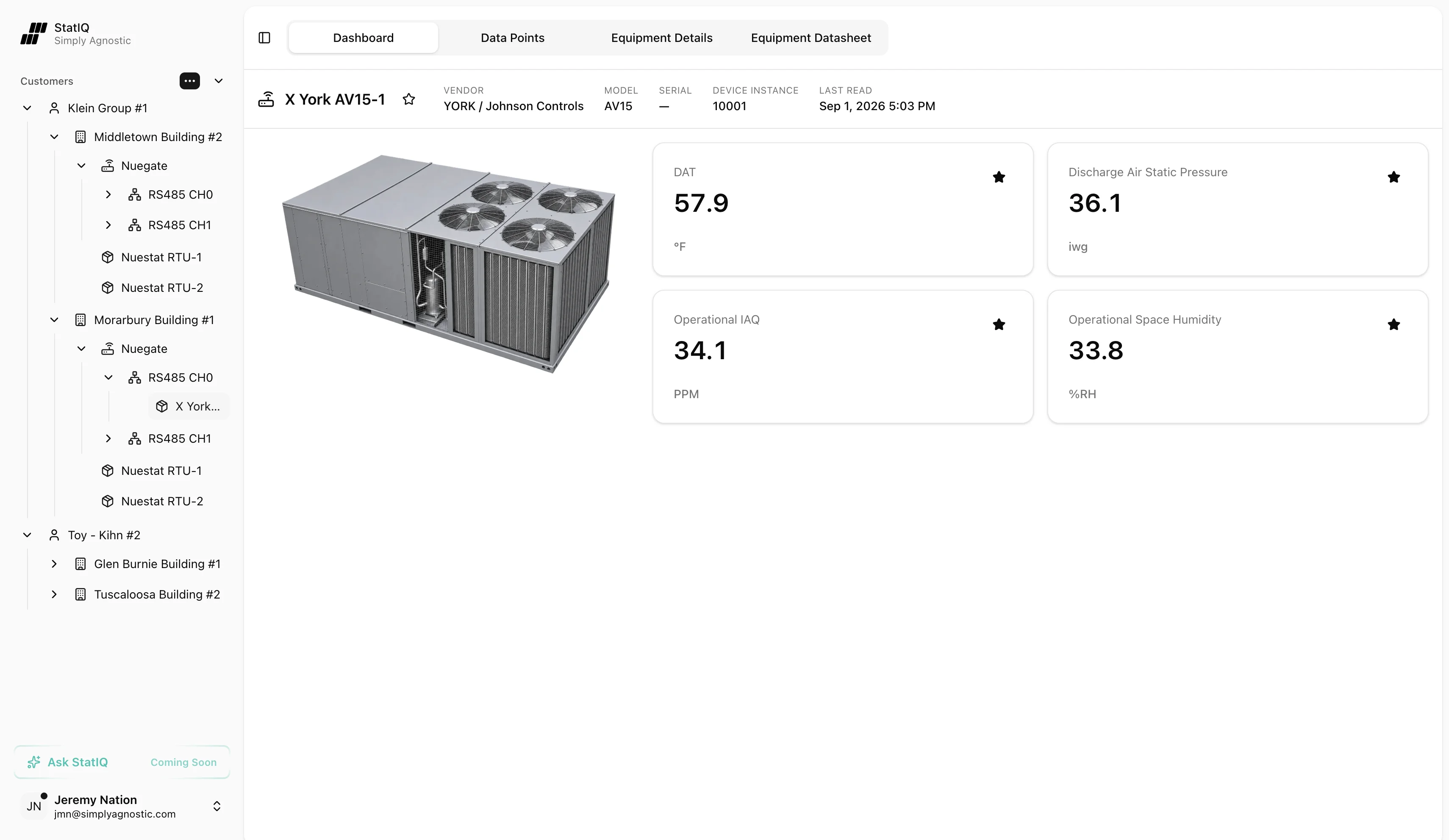 StatIQ equipment dashboard showing live rooftop unit telemetry